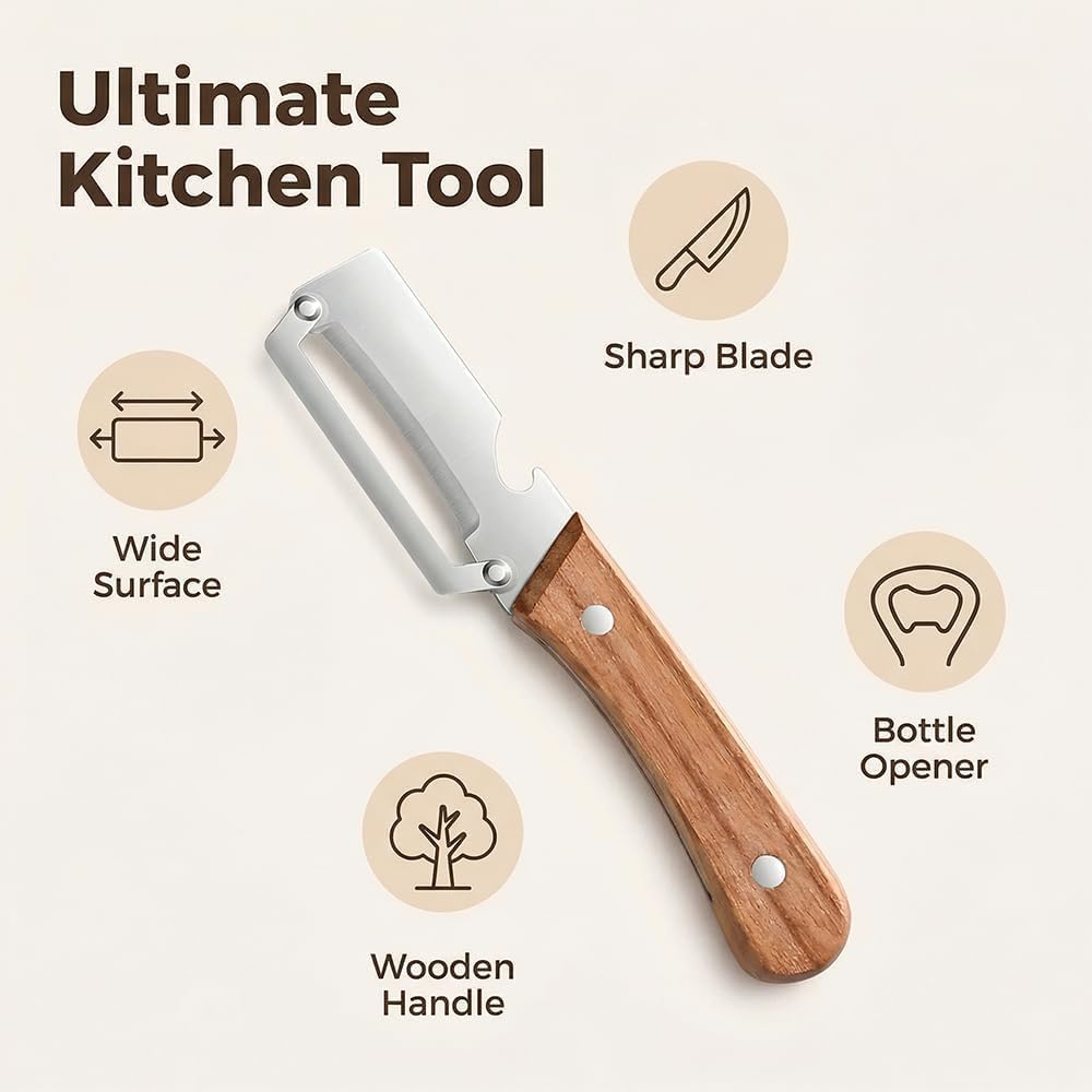 Multifunctional Vegetable Peeler,2-in-1 Stainless Steel Vegetable Handle Peeler,Julienne Vegetable Peeler with Wooden Handle and Bottle Opener for Easy Potato, Fruit Veggie Peeling (3 PCS) - Image 2