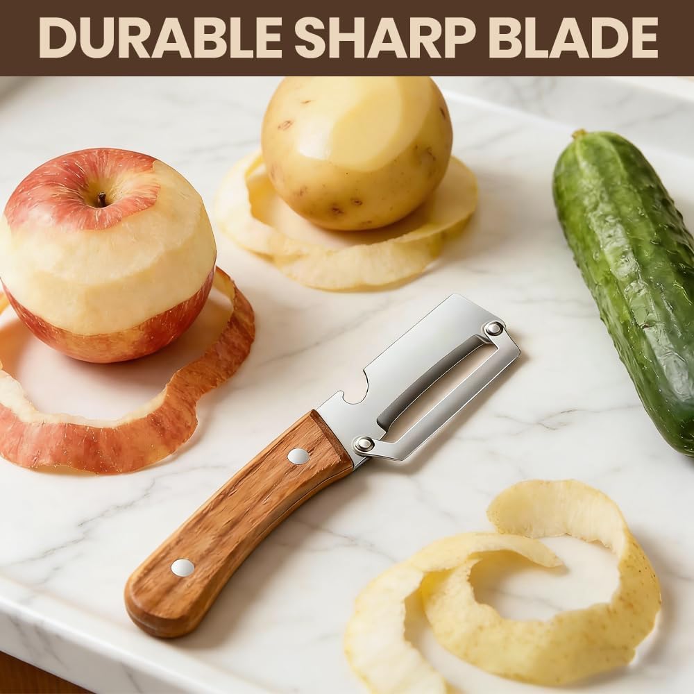 Multifunctional Vegetable Peeler,2-in-1 Stainless Steel Vegetable Handle Peeler,Julienne Vegetable Peeler with Wooden Handle and Bottle Opener for Easy Potato, Fruit Veggie Peeling (3 PCS) - Image 3