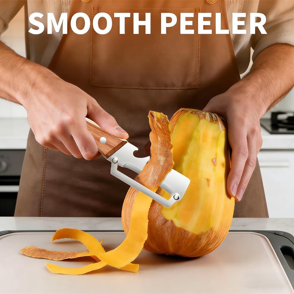 Multifunctional Vegetable Peeler,2-in-1 Stainless Steel Vegetable Handle Peeler,Julienne Vegetable Peeler with Wooden Handle and Bottle Opener for Easy Potato, Fruit Veggie Peeling (3 PCS) - Image 4