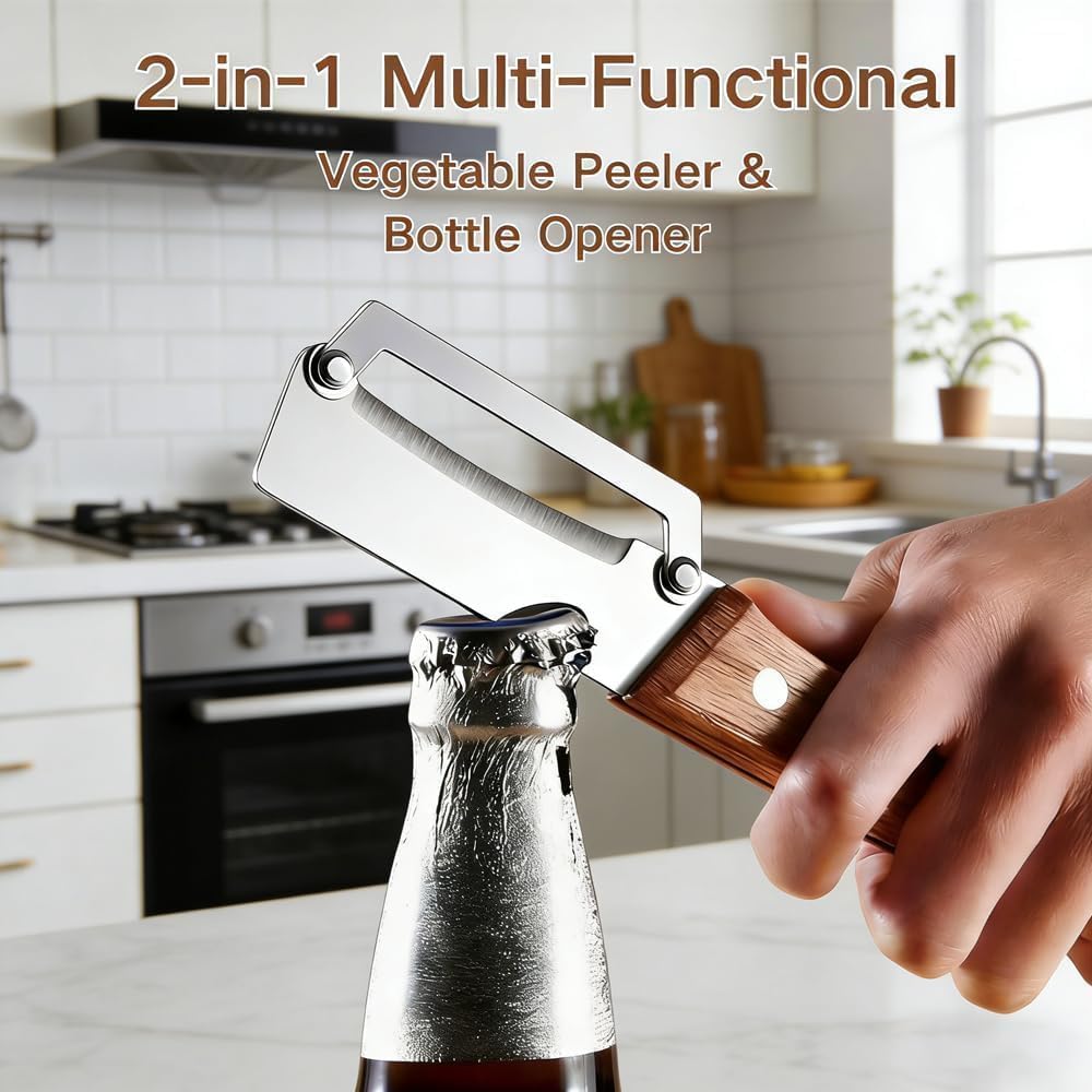 Multifunctional Vegetable Peeler,2-in-1 Stainless Steel Vegetable Handle Peeler,Julienne Vegetable Peeler with Wooden Handle and Bottle Opener for Easy Potato, Fruit Veggie Peeling (3 PCS) - Image 5