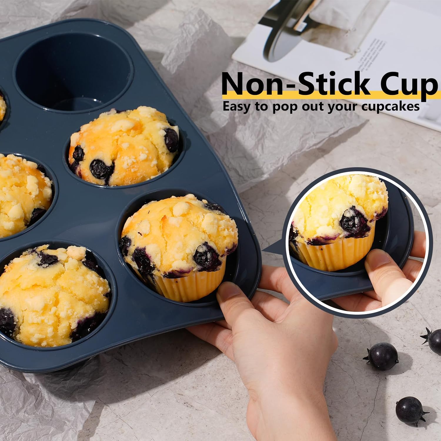 2 Pack Deep and Jumbo Muffin Tray 6 Cup Large Silicone Muffins Pan, Non-Stick Giant Cupcake Tin, Silicon Mould Bakeware, Baking Case for Yorkshire Pudding, Bun, Cupcakes, 27.8 x 19 x 5 cm (Grey) - Image 5