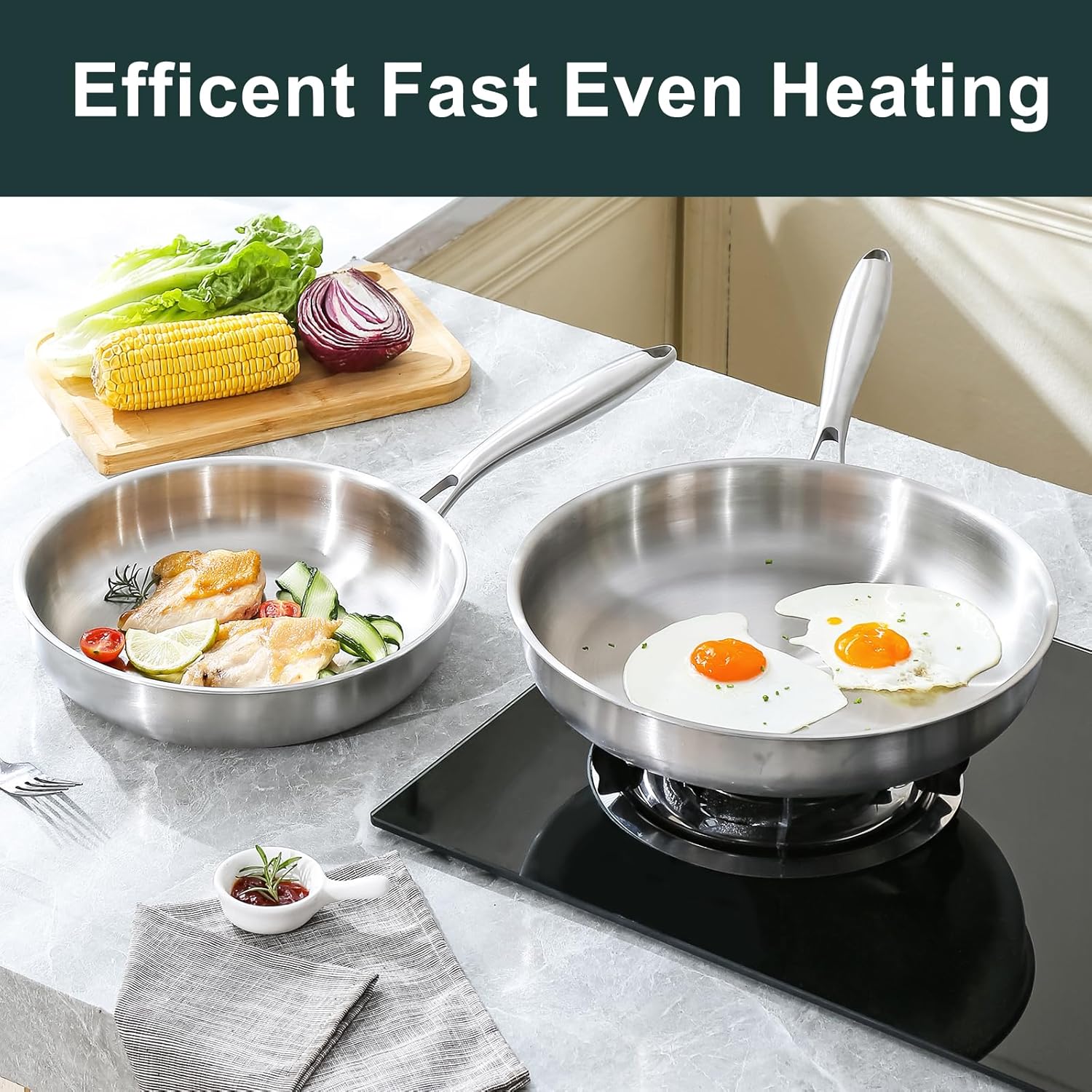 Tri-Ply Stainless Steel Frying pan 24cm, Induction Skillet 9inch, Cooking Pan, Fast & Even Heat, Compatible with All Cooktops Up to 315℃ - Image 4