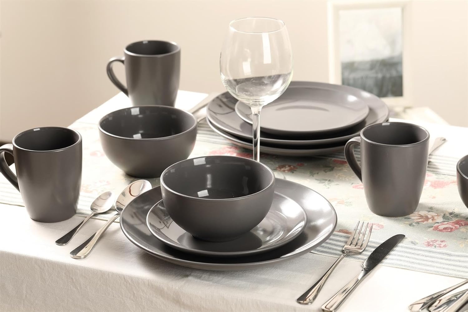 simpa 24PC Grey Glazed Ceramic Stoneware Dinner Set. 6 Dinner Plates, 6 Side Plates, 6 Bowls & 6 Mugs. Dishwasher & Microwave Safe. - Image 2