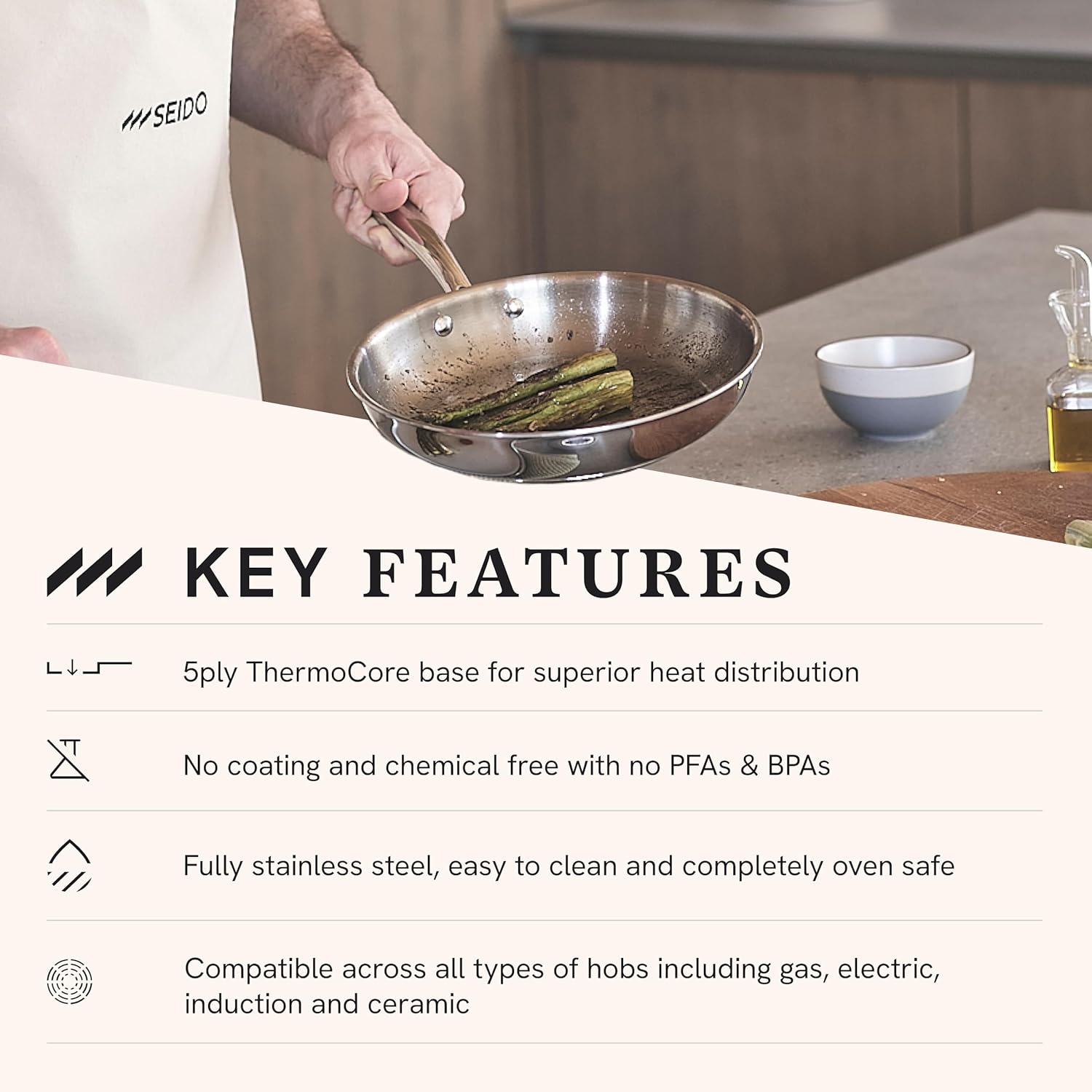SEIDO Stainless Steel Frying Pan 20 cm - Induction Uncoated -Non-Toxic- Triply cookware PFOA PFAS -Free Dishwasher & Oven Safe 260c°-New ThermoCore 5ply Base Saute Fry pan -5Y Warranty 18/10 - Image 2