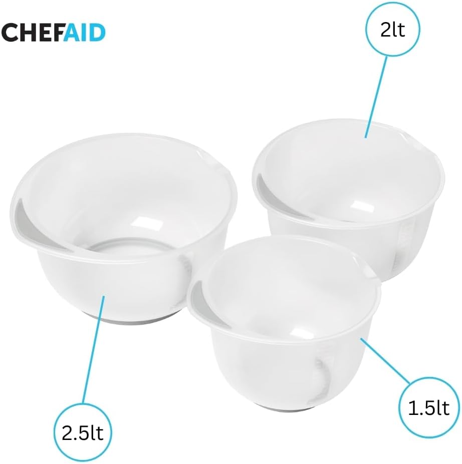 Chef Aid Contain 3 Mixing Bowls, Non-Slip Base, Soft Grip Handle, Microwave and Dishwasher Safe, Compact, Stackable, Ideal for baking and cooking, Off-white, 1.5 Litre, 2 Litre, 2.5 Litre - Image 3