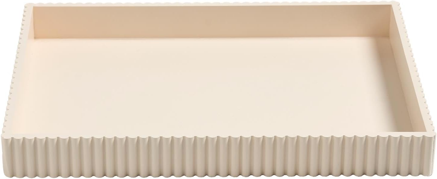 OHS Rectangle Decorative Tray, Ribbed Coffee Table Tray Modern Centrepiece Decoration Kitchen Counter Candle Holder Plastic Organiser Accessory Trays, Cream - Image 4