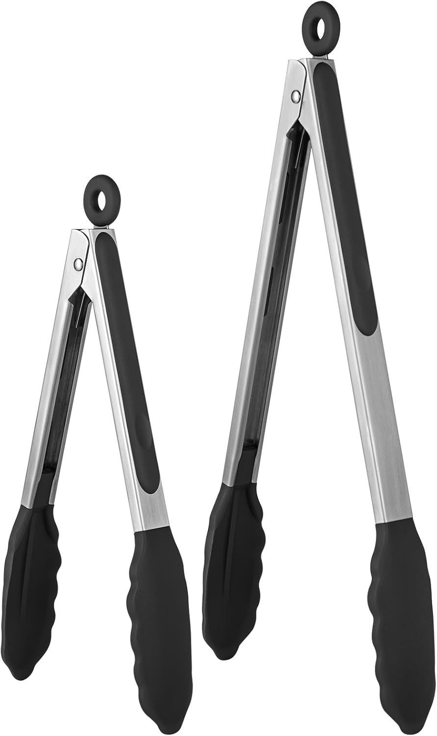 315℃ Heat Resistant Kitchen Tongs: U-Taste Silicone Cooking Tong Set with Firm Sealed Non Stick Silicone Tips and Silicon Coated 18/8 Stainless Steel Handle for Serving Grilling (Set of 2, Black)