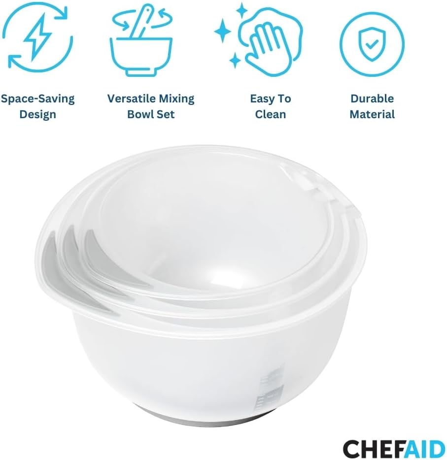 Chef Aid Contain 3 Mixing Bowls, Non-Slip Base, Soft Grip Handle, Microwave and Dishwasher Safe, Compact, Stackable, Ideal for baking and cooking, Off-white, 1.5 Litre, 2 Litre, 2.5 Litre - Image 2