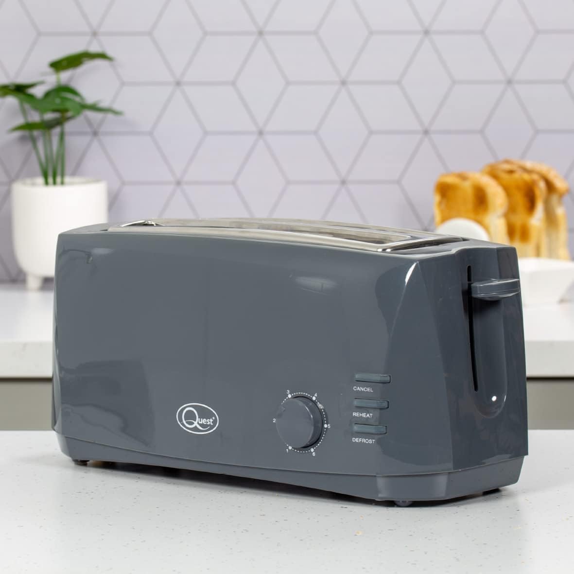 Quest 4 Slice Toaster Grey - Extra Wide Long Slots for Crumpets and Bagels - 6 Settings - Reheat and Defrost - Image 2