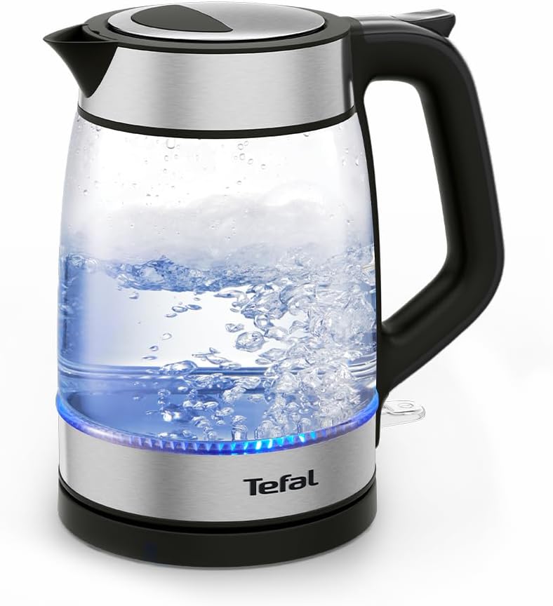 Tefal Stainless Steel & Glass Electric Kettle 1.7L 2200W Fast Boil, Cordless with LED Illumination, Precision Pour Spout, Removable Anti-Scale Filter, Water Level Indicator KI605827