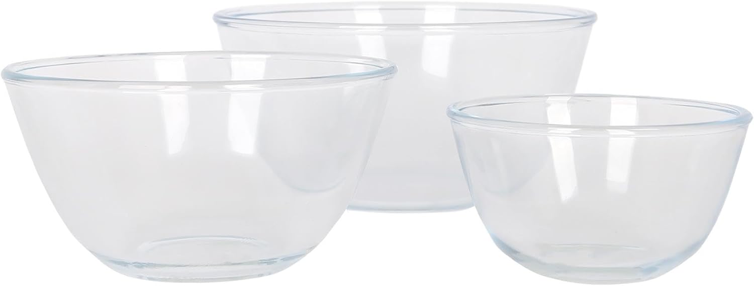 Harbour Housewares Glass Mixing Bowl Set of 3-3 Sizes - Clear - Deep Nesting Bowls Kitchen Cake Baking Cooking Measuring Serving Salad Easy Storage Food Dish