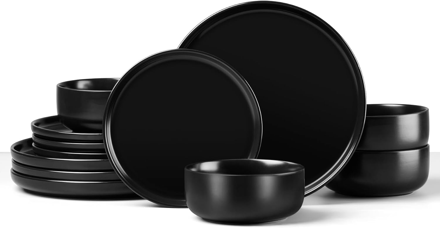 HaWare Dinner Set, 12 Piece Stoneware Dinnerware Service for 4, Elegant Matte Glaze Dining Ware Include Plates and Bowls, Chip and Scratch Resistant, Microwave & Dishwasher Safe, Matte Black