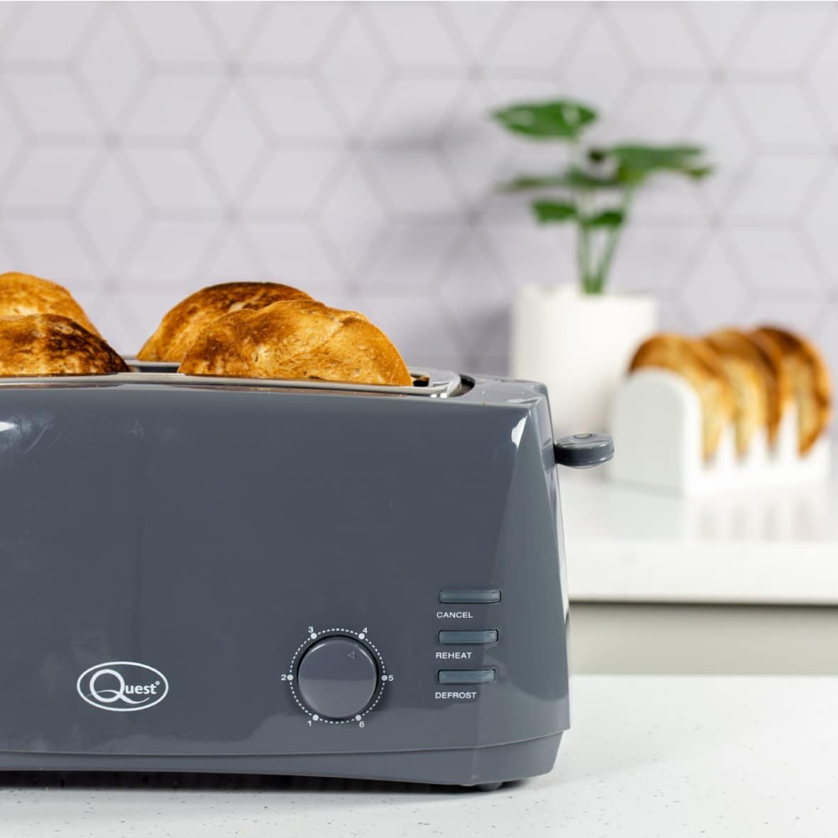 Quest 4 Slice Toaster Grey - Extra Wide Long Slots for Crumpets and Bagels - 6 Settings - Reheat and Defrost - Image 7