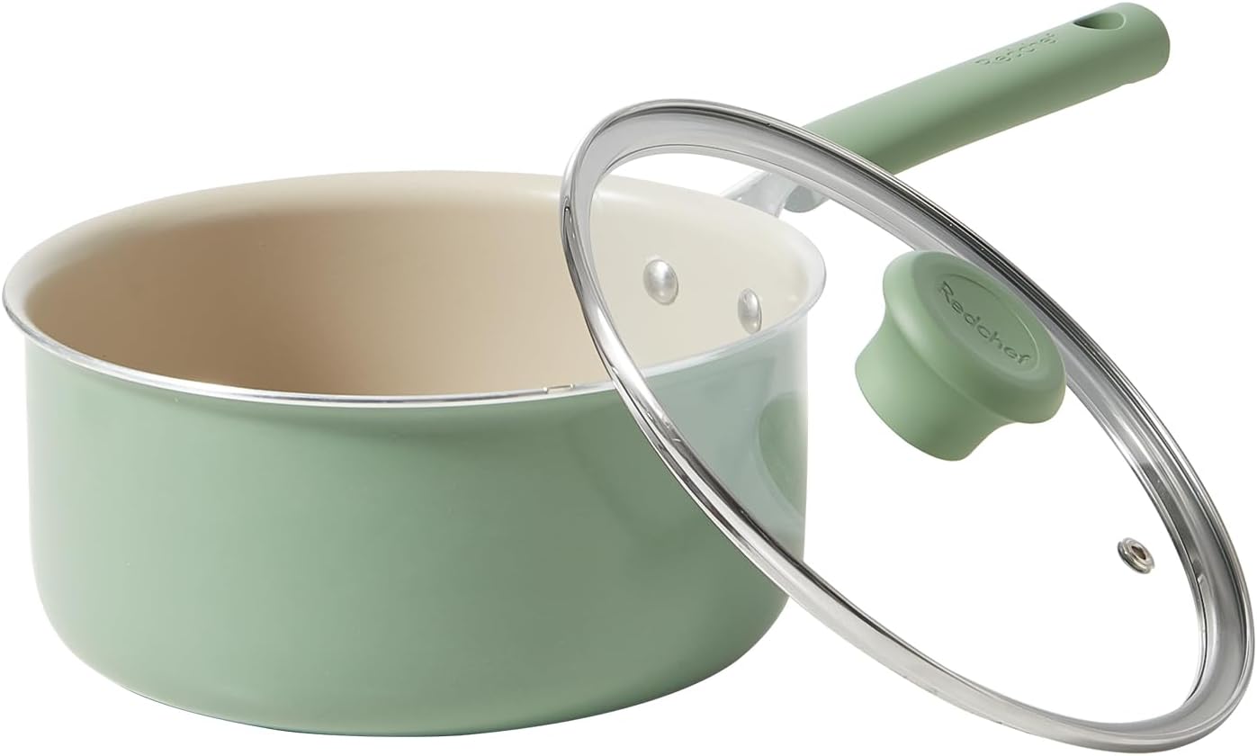 Redchef Ceramic Nonstick Saucepan with Lid,20cm Small Cooking Pot,Non Toxic Sauce Pans for Kitchen, Cool Handle PFAS Free Compatible with All Cooktops, Green