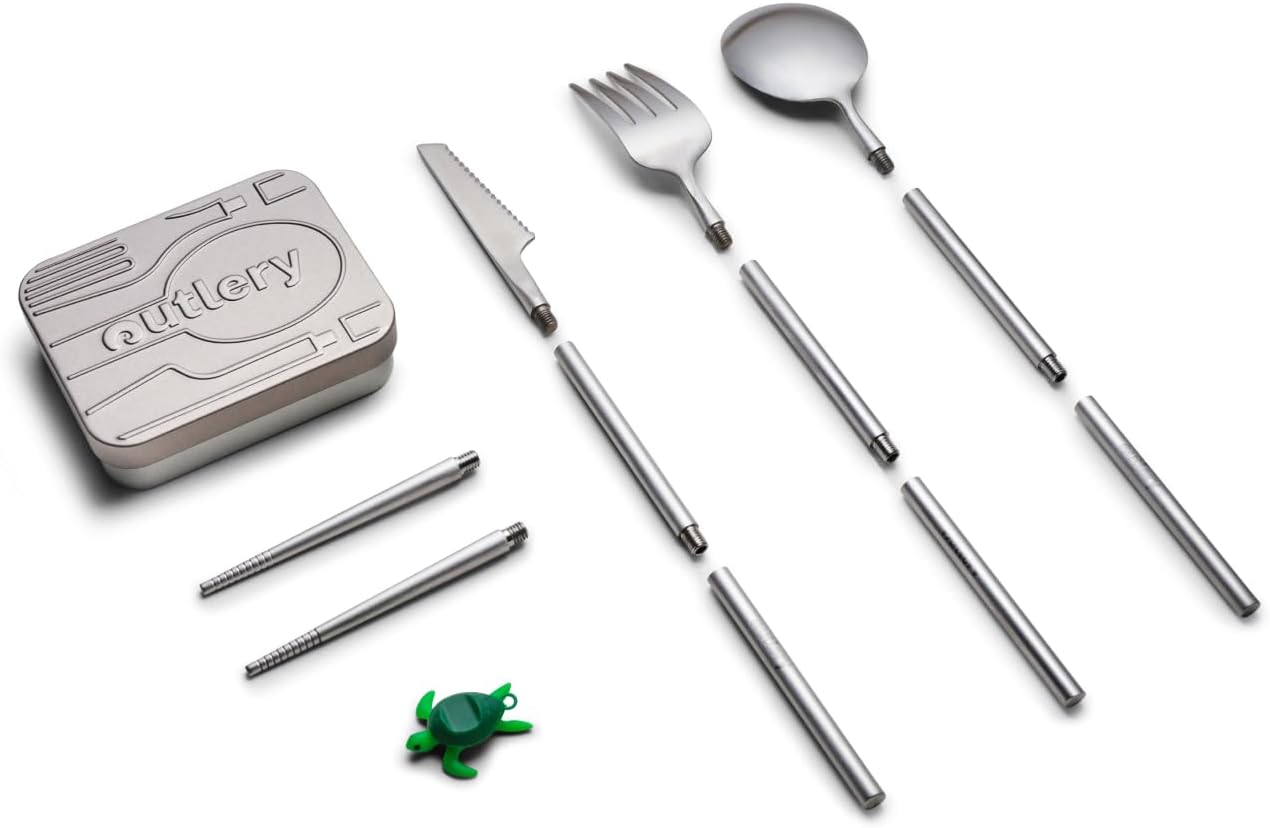 Outlery Full Set Portable and Reusable Stainless Steel Travel Cutlery Set with Reusable Chopsticks in Tin Case - Compact Travel Cutlery Set for Camping, Picnic, Office, and On-The-Go, Raw Silver