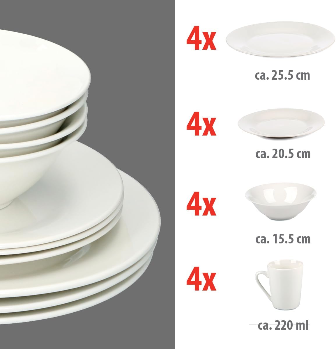 alpina Dinner Set for 4 People - Plates and Bowls Set - Earthenware Tableware - Dinner Plates, Dessert Plates, Bowls and Mugs - Microwave and Dishwasher Safe - White - Image 2