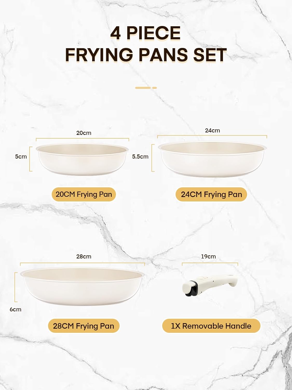 FOHERE Nonstick Frying Pan Set with Detachable Handle, 3PCS 20 24 28 CM Non Toxic Diamond Ceramic Pan, Oven Safe Skillets and Frying Pans, Compatible with All Stoves(Induction), Beige - Image 2
