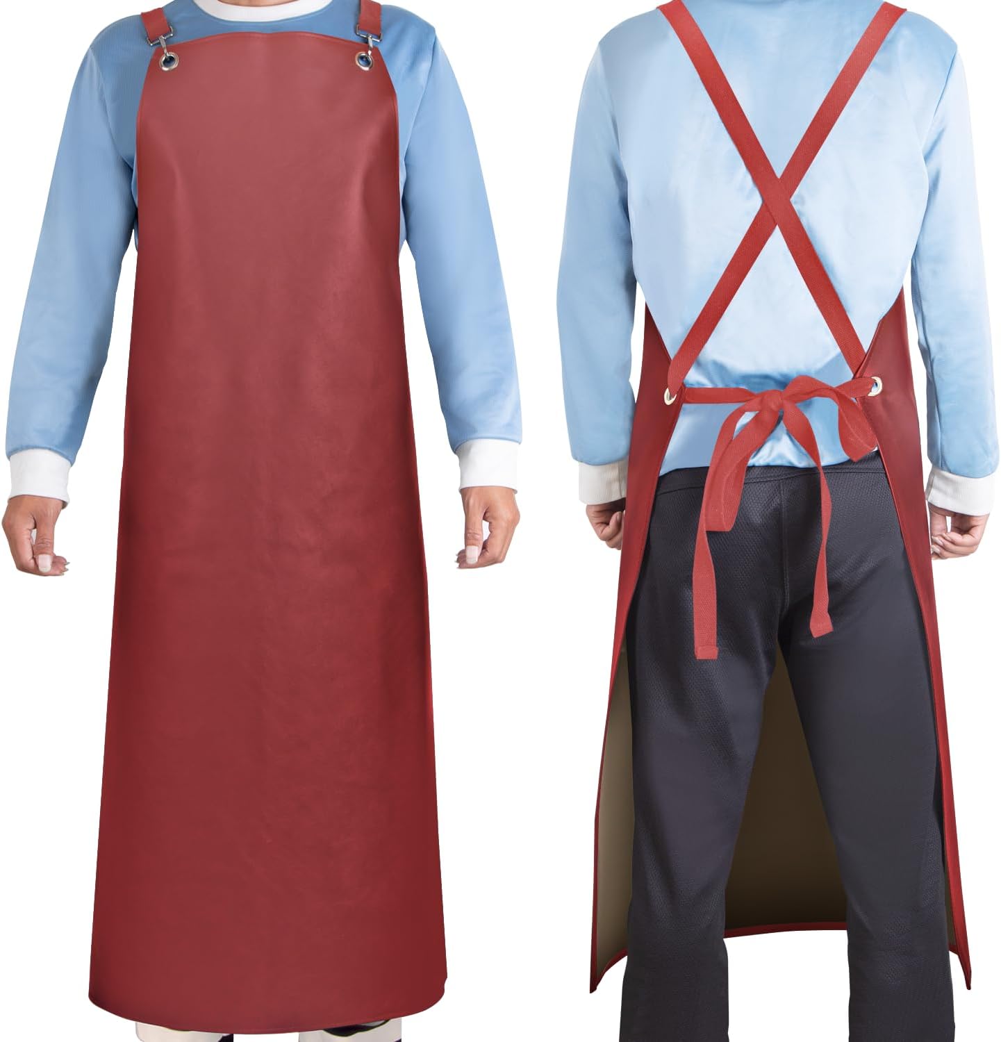SHEOMERN PU Rubber Waterproof Aprons for Dishwashing, Heavy Duty Butcher Apron, Adjustable Cross Back Apron for Dishwasher, Red