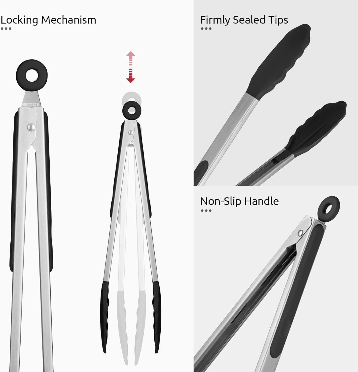 315℃ Heat Resistant Kitchen Tongs: U-Taste Silicone Cooking Tong Set with Firm Sealed Non Stick Silicone Tips and Silicon Coated 18/8 Stainless Steel Handle for Serving Grilling (Set of 2, Black) - Image 6