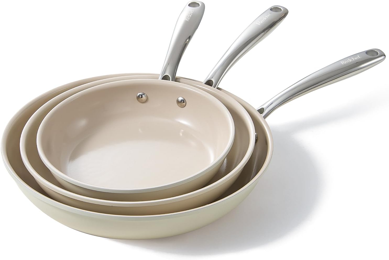 Redchef Non Stick Frying Pan Set, Ceramic Pan 20 24 28cm, Skillet Set 8-11" for Cooking with Stainless Stay Cool Handle, No PFAS & PTFE & PFOA, Oven Safe (Beige)