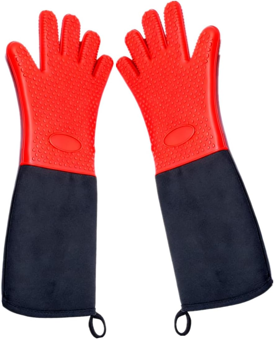 Extra Long Silicone Oven Gloves, Heat-resistant Oven Gloves, Waterproof and Non-slip Fingered Gloves, Suitable for Cooking, Baking, Grills, Weber Barbecues, Microwaves, Insulated Oven Mitts, (Red)