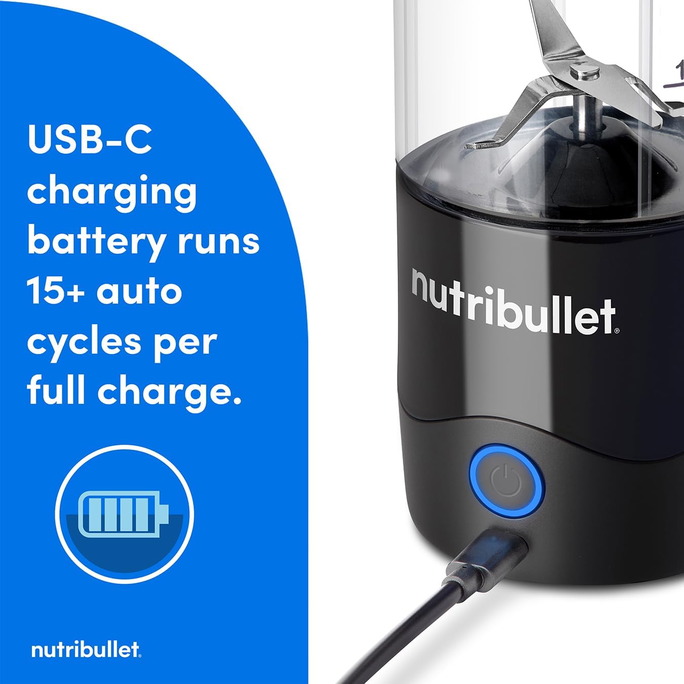 nutribullet Portable Blender in Black - Powerful Extractor Blade, 475ml Cup, To-Go Lid, USB-C Charging Cable & User Guide - Delivers 15+ Blending Cycles - Healthy Shakes On The Move - Image 5