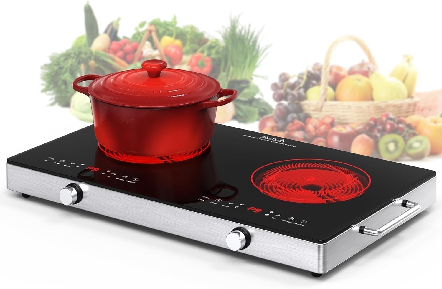 VBGK 2 Ring Electric Hob with Handle, 3520W Ceramic Hob 2 Zone, Double Electric Ceramic Hob Countertop, Safety Lock & 3H Timer, 220V-240V Plug in