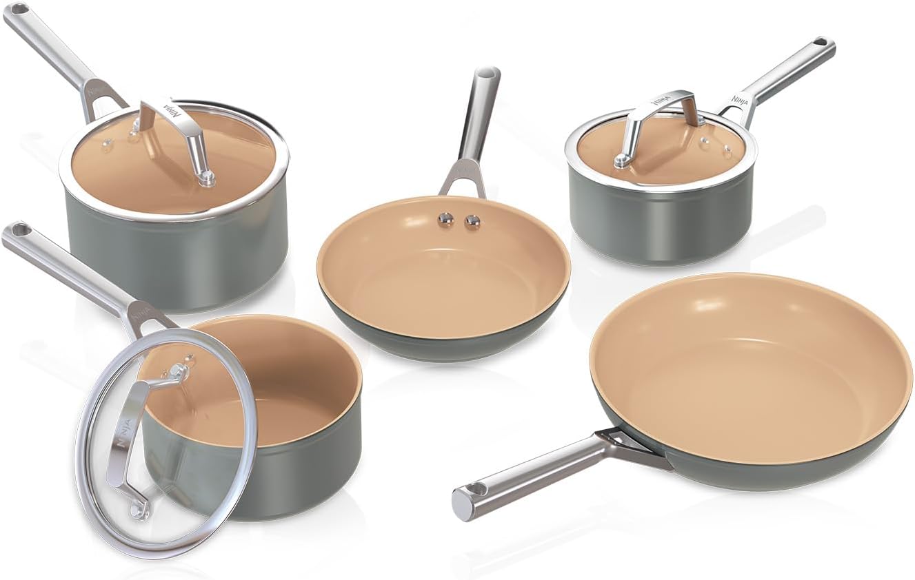 Ninja Extended Life 5-Piece Ceramic Cookware Set (20 & 24cm Frying Pans + 16, 18 & 20cm Saucepans & Lids), Non-Stick (No PFAs, PFOAs, Lead or Cadmium), Oven Safe 285°C, Terracotta/Grey, CW95000EUUKDB