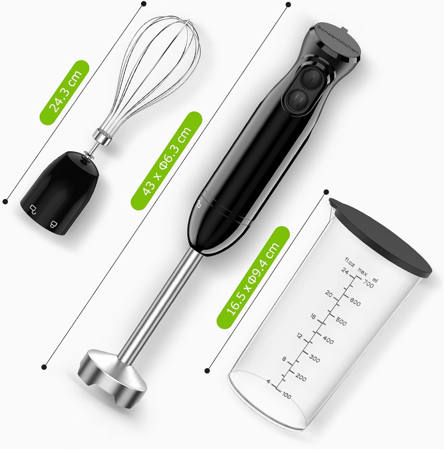 Bonsenkitchen Hand Blender, 3-in-1 Immersion Blender handheld, Stick Blender Electric with Stainless Steel Blade, Egg Whisk, 700ml Beaker for Making Baby Food, Soups, HB3202 (Black) - Image 6