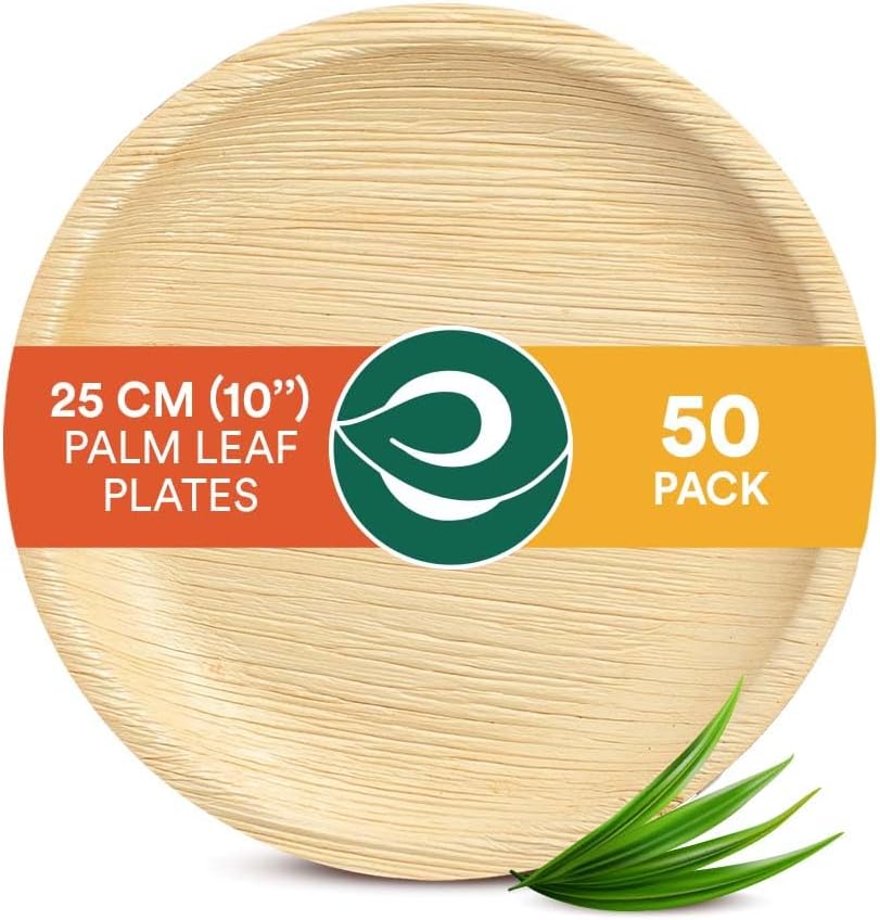 ECO SOUL 50 Palm Leaf Plates 10”(25cm) Round Large Bamboo Plate I Eco Friendly, Biodegradable, Compostable Heavy-Duty Plate, Disposable Plates for Dinner, Party & Events