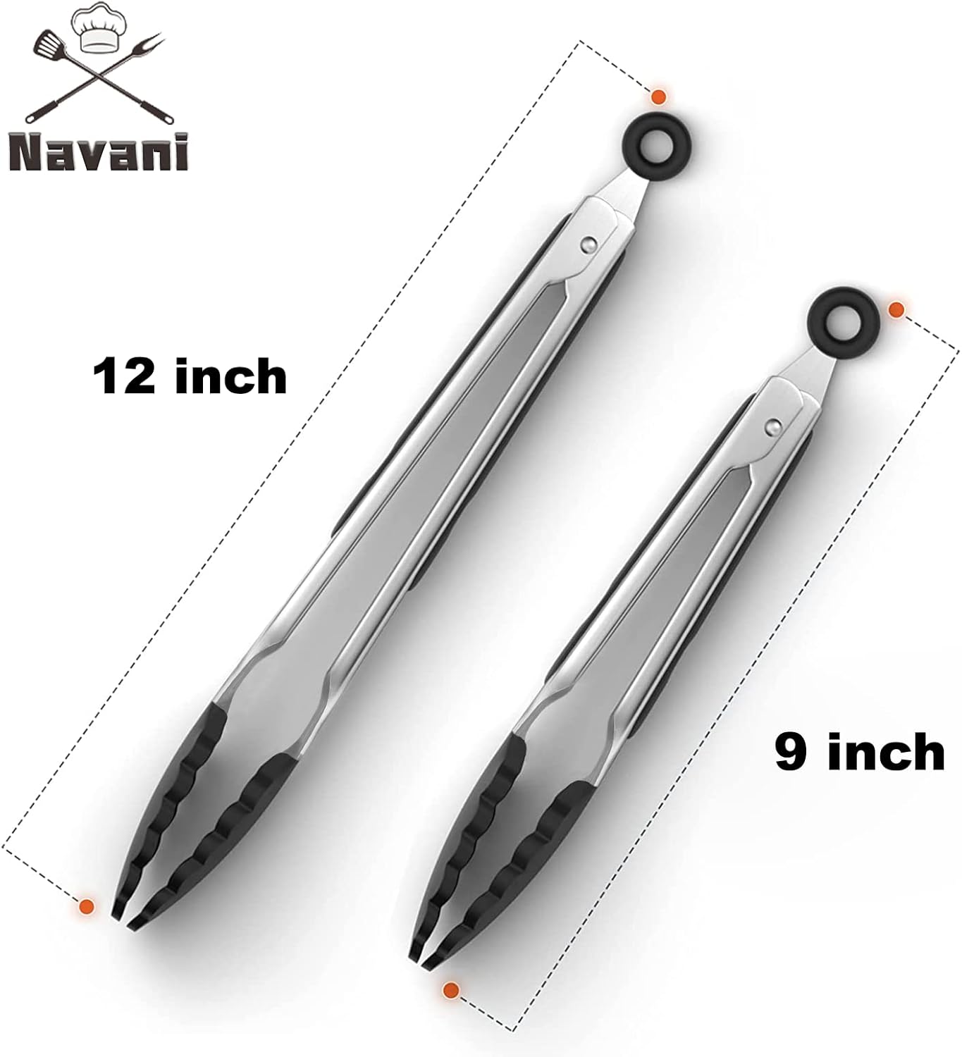 Navani Kitchen Tongs | 9 & 12 Inch Silicone Tip Tongs | Non Stick for Air Fryer & Salad/Pasta, Black 2pcs - Image 2
