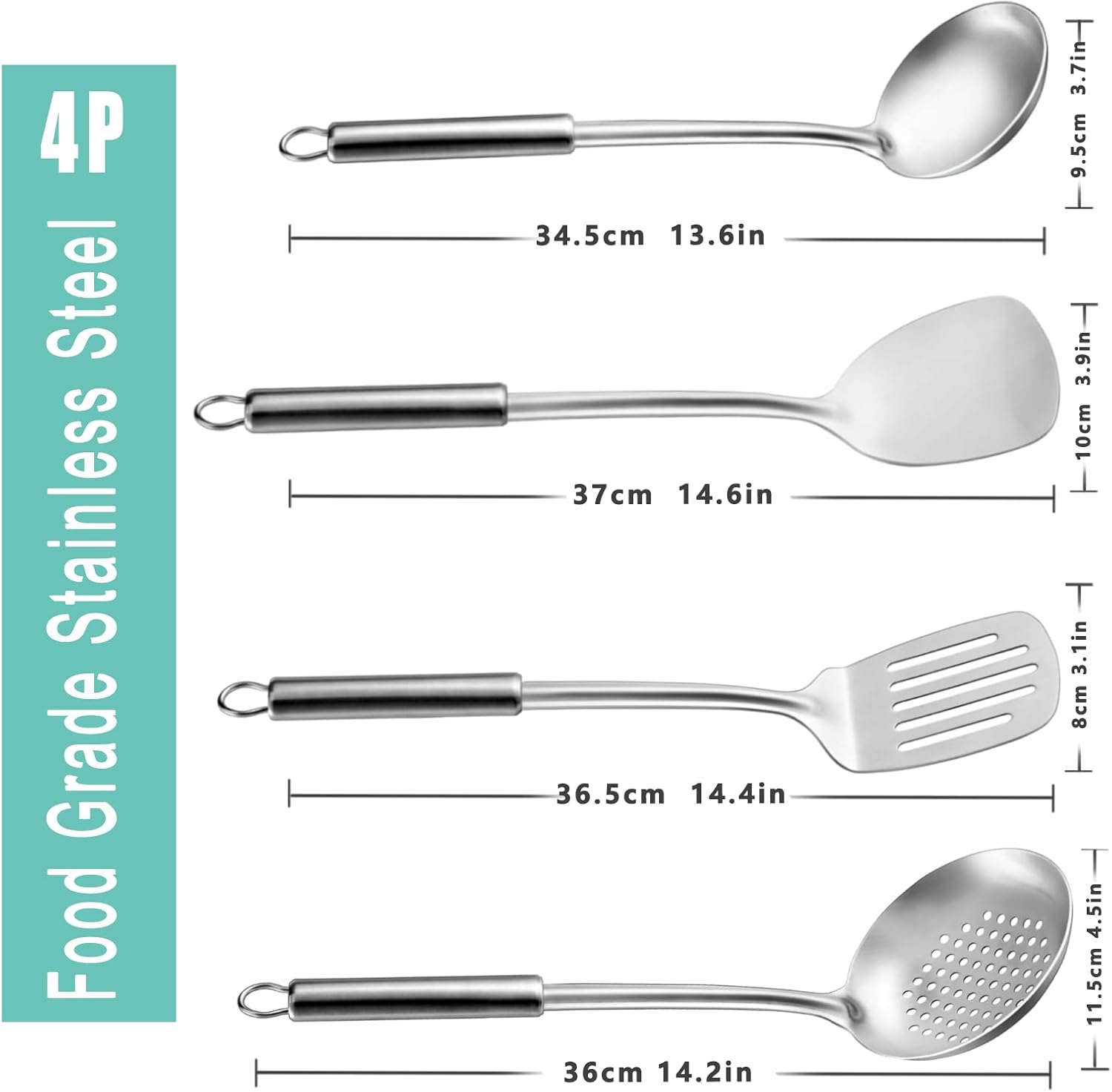 Pleafind 4-Pcs Kitchen Utensils Set, Stainless Steel Cooking Utensils Set, Utensils Set Include Wok Ladle, Slotted Spoon, Wok Spatula and Slotted Spatula, Dishwasher Safe - Image 2