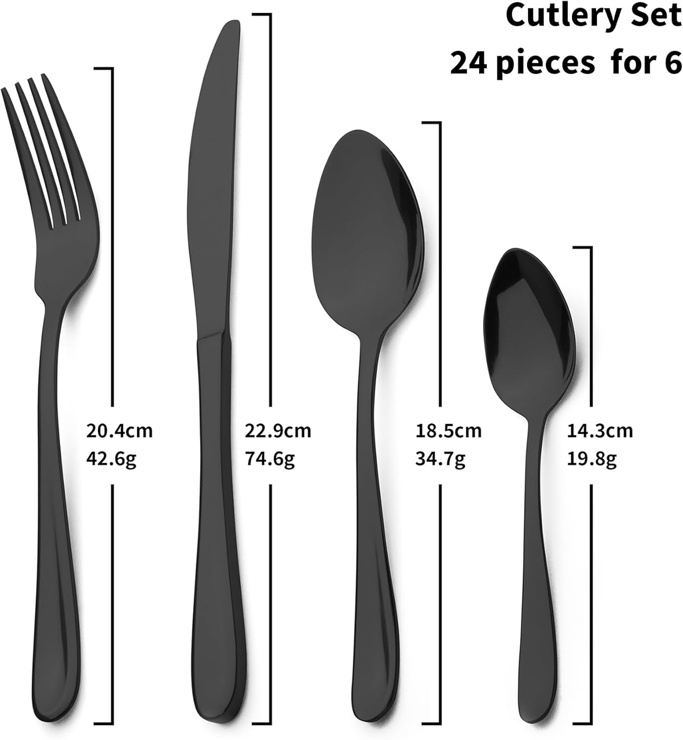Cutlery Set,Alata Grand 24 Piece Mirror Black Stainless Steel Flatware Set, Tableware Silverware Set with Spoon Knife and Fork Set, Service for 6, Dishwasher Safe/Everyday Use,Mirror Polished - Image 5