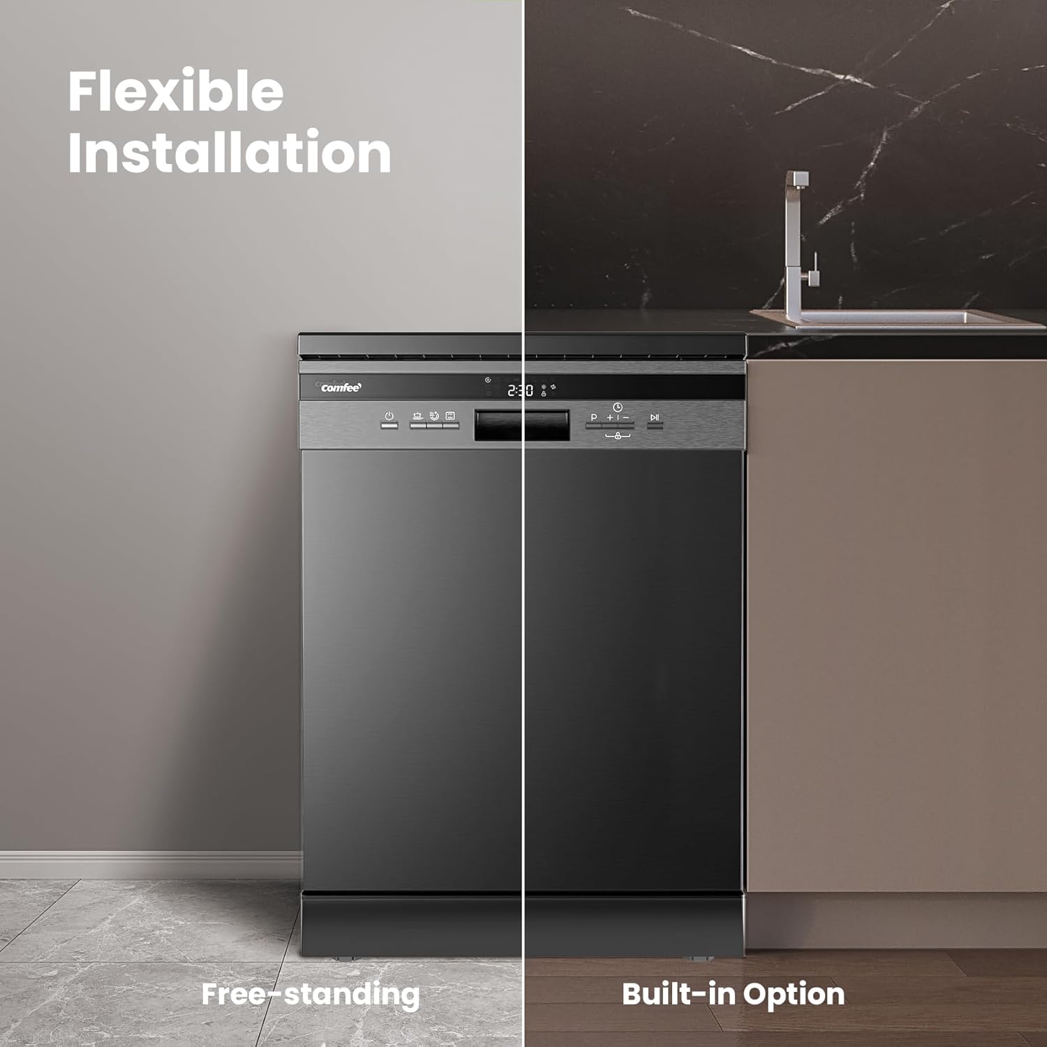 COMFEE' Freestanding Dishwasher CDWEF1435EBC-UK with 14 place settings, Full Size, Whisper Quiet 44dB, Wide LED Display, Delay Start, Half Load Function, Flexible Racks, Black - Image 7