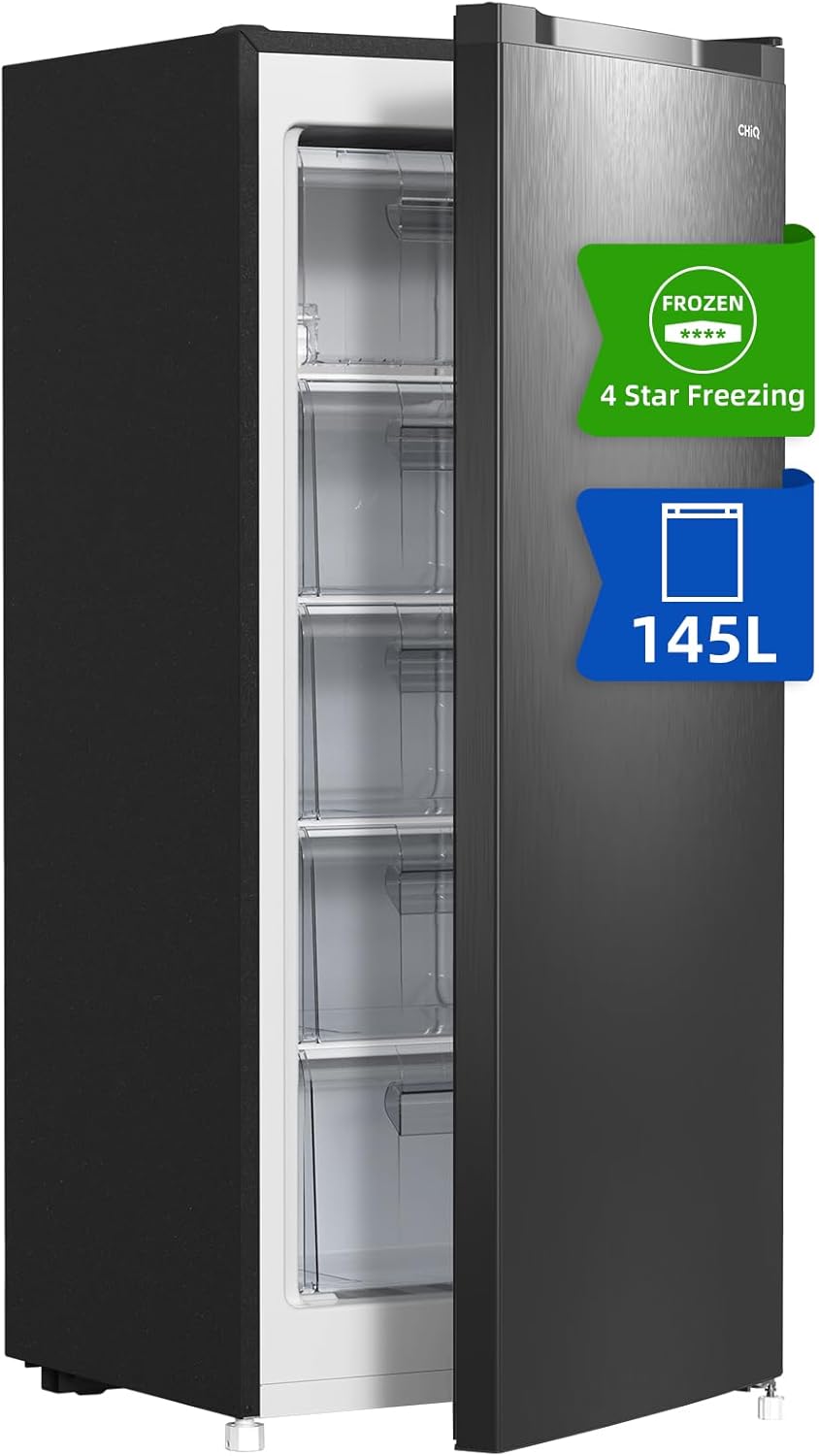 CHiQ FSD140D4EU Upright Freezer, 145L, E, 5 Levels, 12-Years Free Warranty on The Compressor,H1250 x W540 x D550, Black, New