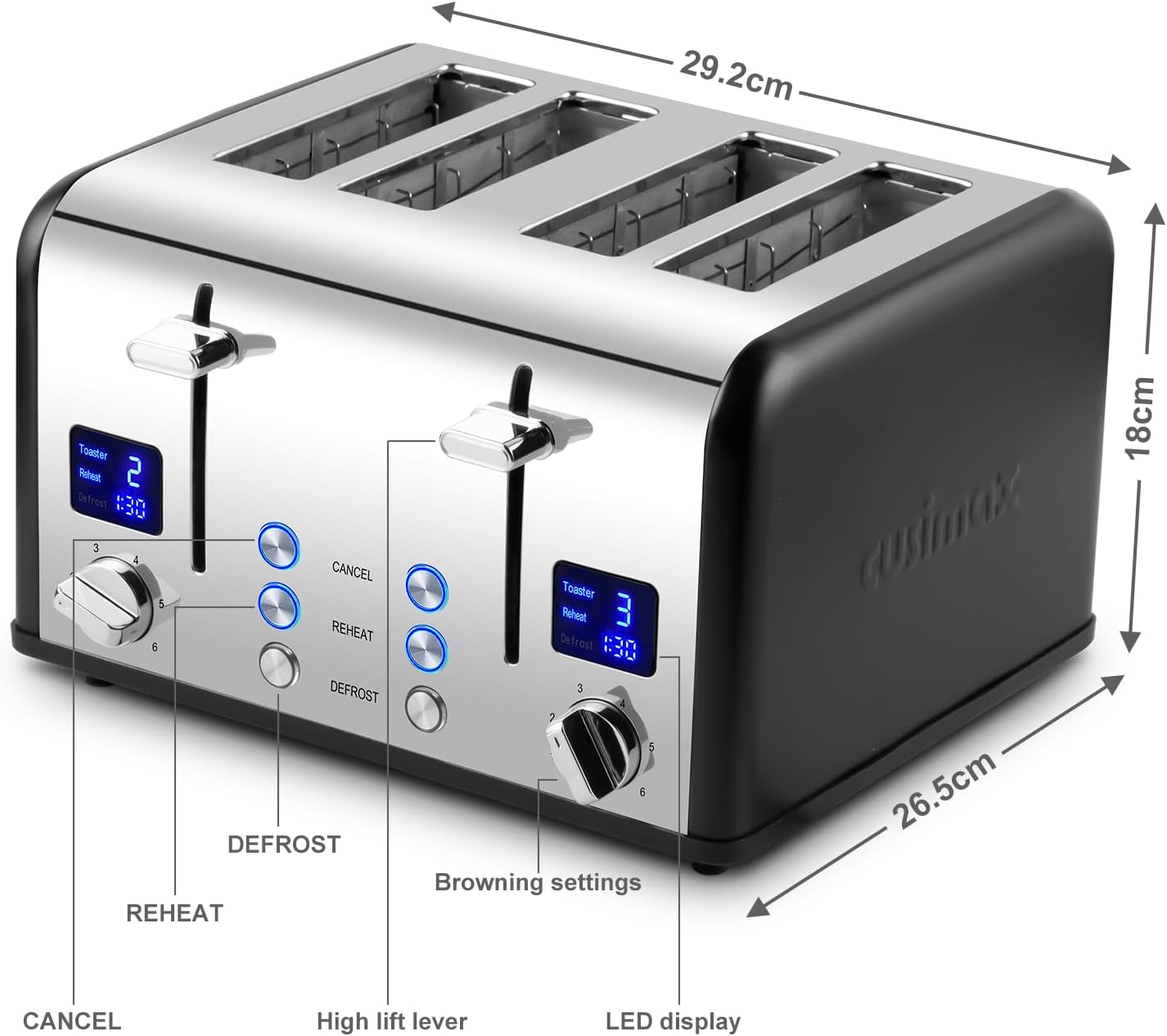 Toaster 4 Slices, Cusimax Stainless Steel Toaster with Ultra-Clear LED Display & 4 Extra-Wide Slots, Defrost/Reheat/Cancel Function, 6 Browning Settings, Removable Crumb Tray, Black - Image 6