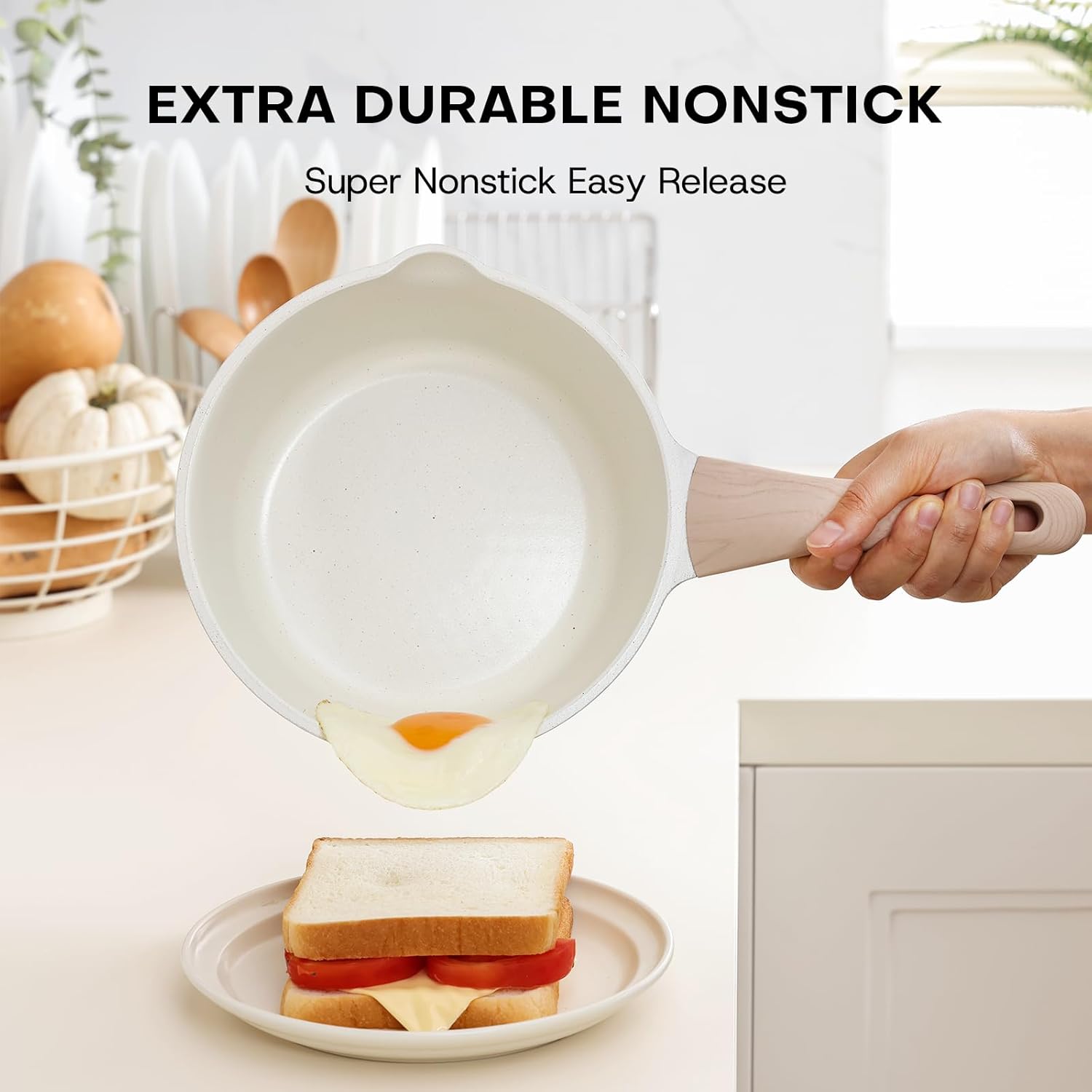 Kordisen Sauce Pan Set with Lid, 16cm+ 20cm Nonstick Cooking Pots with Pour Spout, Easy to Clean, Small Kitchen Induction Saucepan with Ceramic Coating, PFOA/PFOS Free (Cream) - Image 3