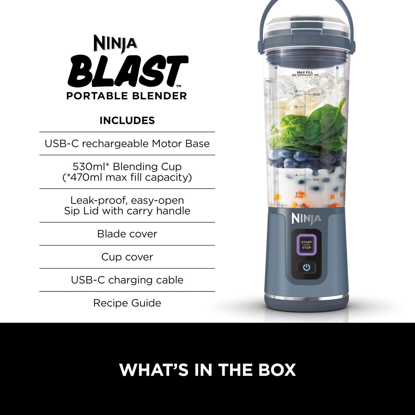 Ninja Blast Portable Blender, 530ml, Leakproof Lid & Sip Spout, Powerful Cordless Mini Blender, Rechargeable, Portable Smoothies, Protein Shakes, Blends Ice & Frozen Fruit, Denim Blue, BC151UKNV - Image 2