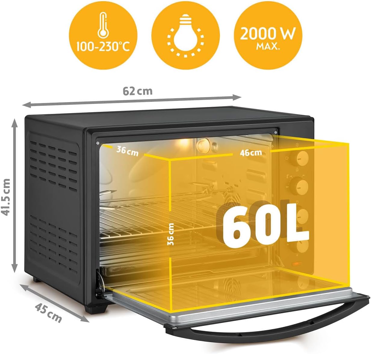 TZS First Austria - Mini Oven 60L 2000W - Small Pizza-Oven temperature control up to 230°C & 6 modes - Baking-Oven with 60 min. timer, 4 rack levels, baking tray, grill rack & rotisserie skewer - Image 2