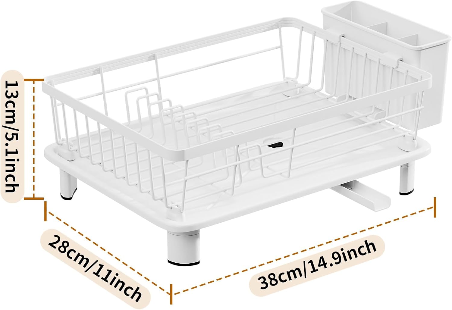 Dish Drainer Rack with Drip Tray Kitchen Dish Drying Rack with 360°Swivel Spout Metal Sink Drainer with Removable Cutlery Holder (White, Small) - Image 3