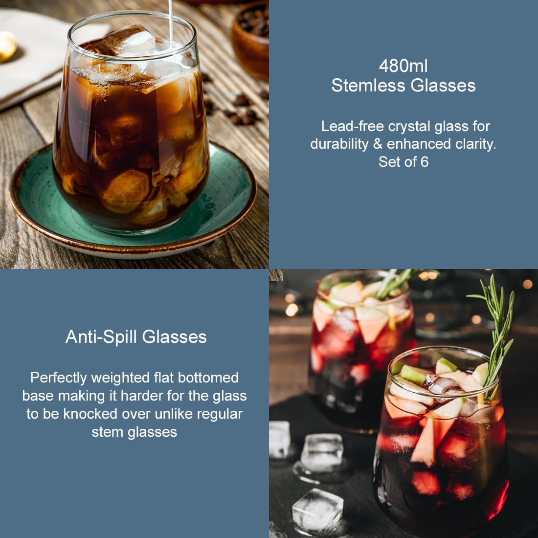 Flow Barware 480ml Stemless Wine Glasses for Red, White, Rose, Gin or Water | Set of 6 No Stem Crystal Tumbler Drinking Glasses - Image 5