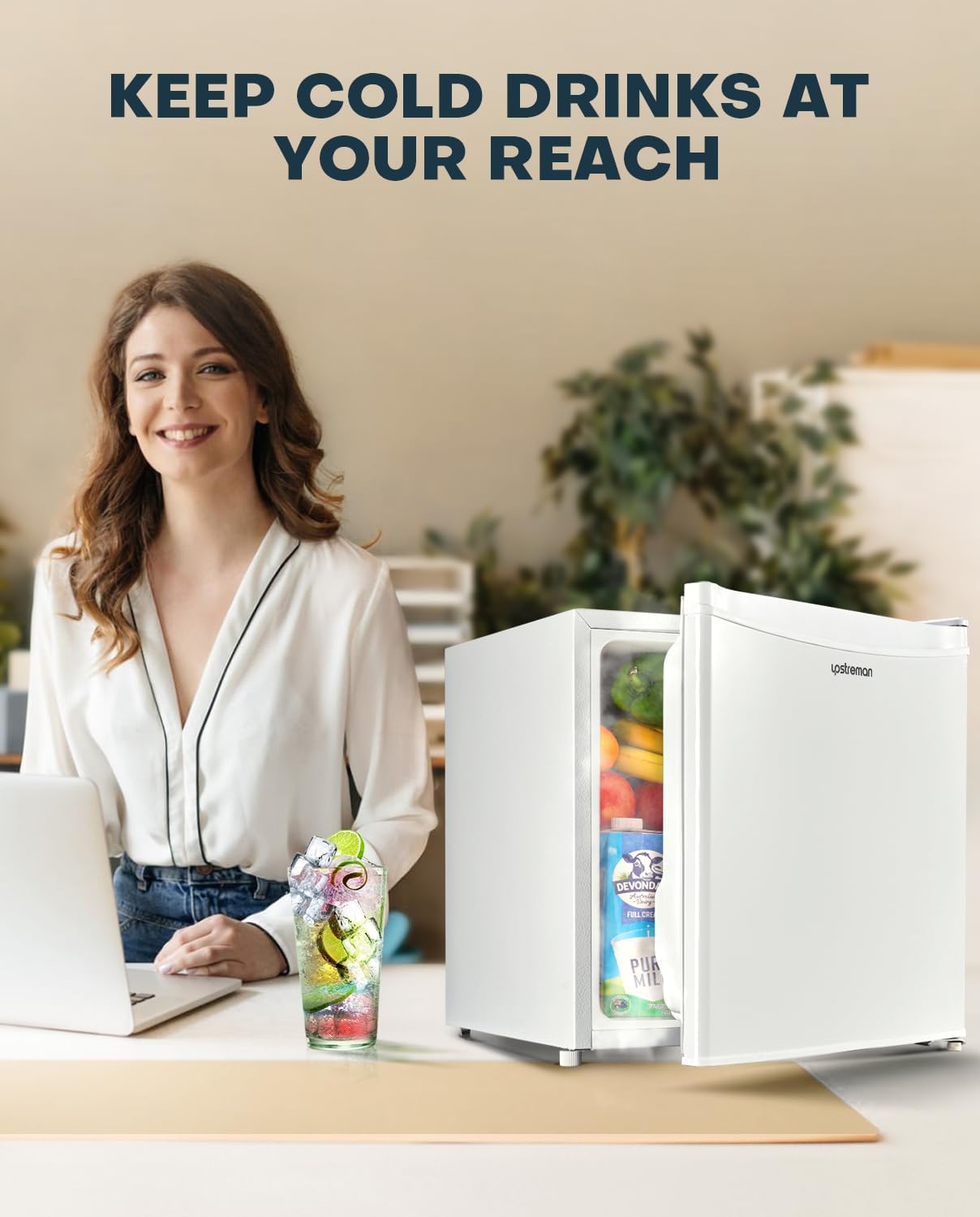 Upstreman Mini Fridge 46L, Table Top Fridge, Adjustable Thermostat, Energy Saving, Low Noise, Single Door Compact Refrigerator for Dorm, Compact Wine&Beers Cooling, White - Image 8