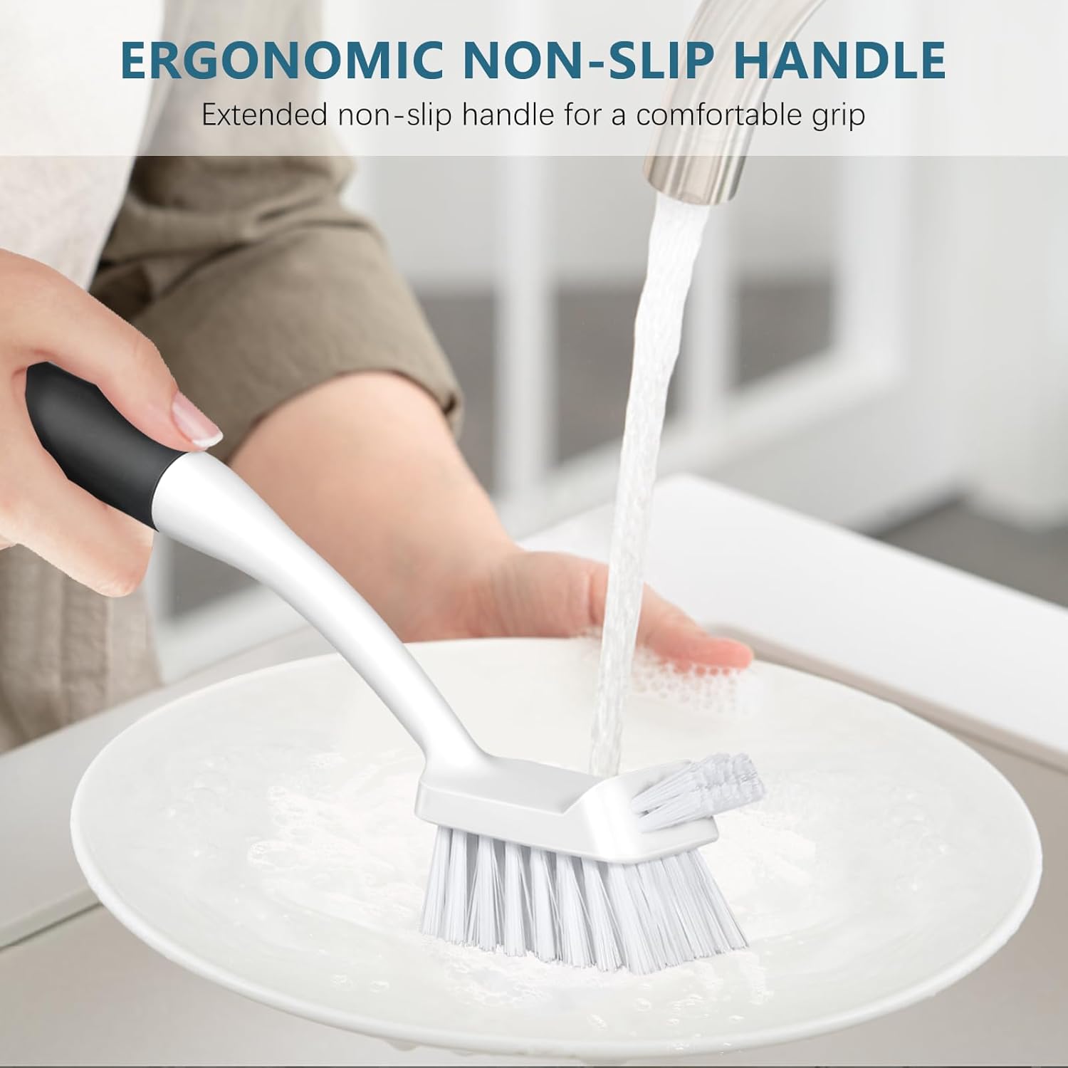 SetSail Dish Brush Set of 3 with Bottle Brush, Dish Scrub Brush with Long Handle Deep Cleaning Handle Brush with Scraper Tip for Kitchen Sink Dishes Bottle Cup Pot and Pans Tile Lines, Black - Image 5