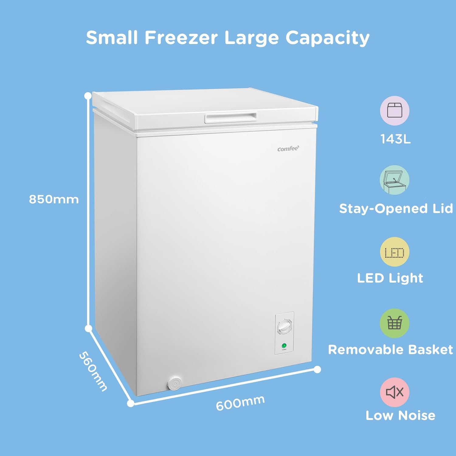 COMFEE' RCC146WH2UK(E) 143L Freestanding Chest Freezer, Refrigeration and Freezer Conversion, Inverter Compressor, 4 Star Freezer Rating, Quiet 37dB, Suitable for Outbuildings & Garages, White - Image 2
