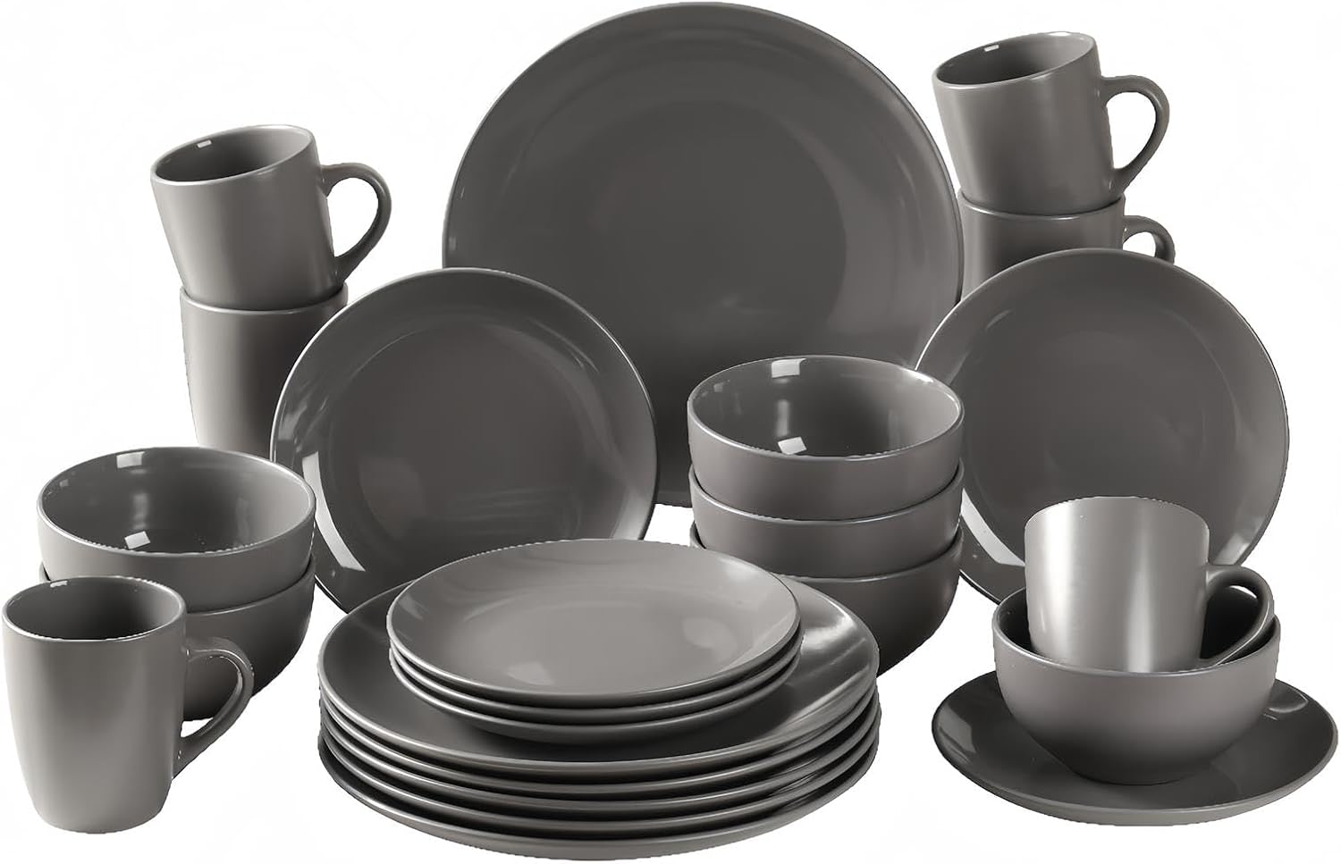 simpa 24PC Grey Glazed Ceramic Stoneware Dinner Set. 6 Dinner Plates, 6 Side Plates, 6 Bowls & 6 Mugs. Dishwasher & Microwave Safe.