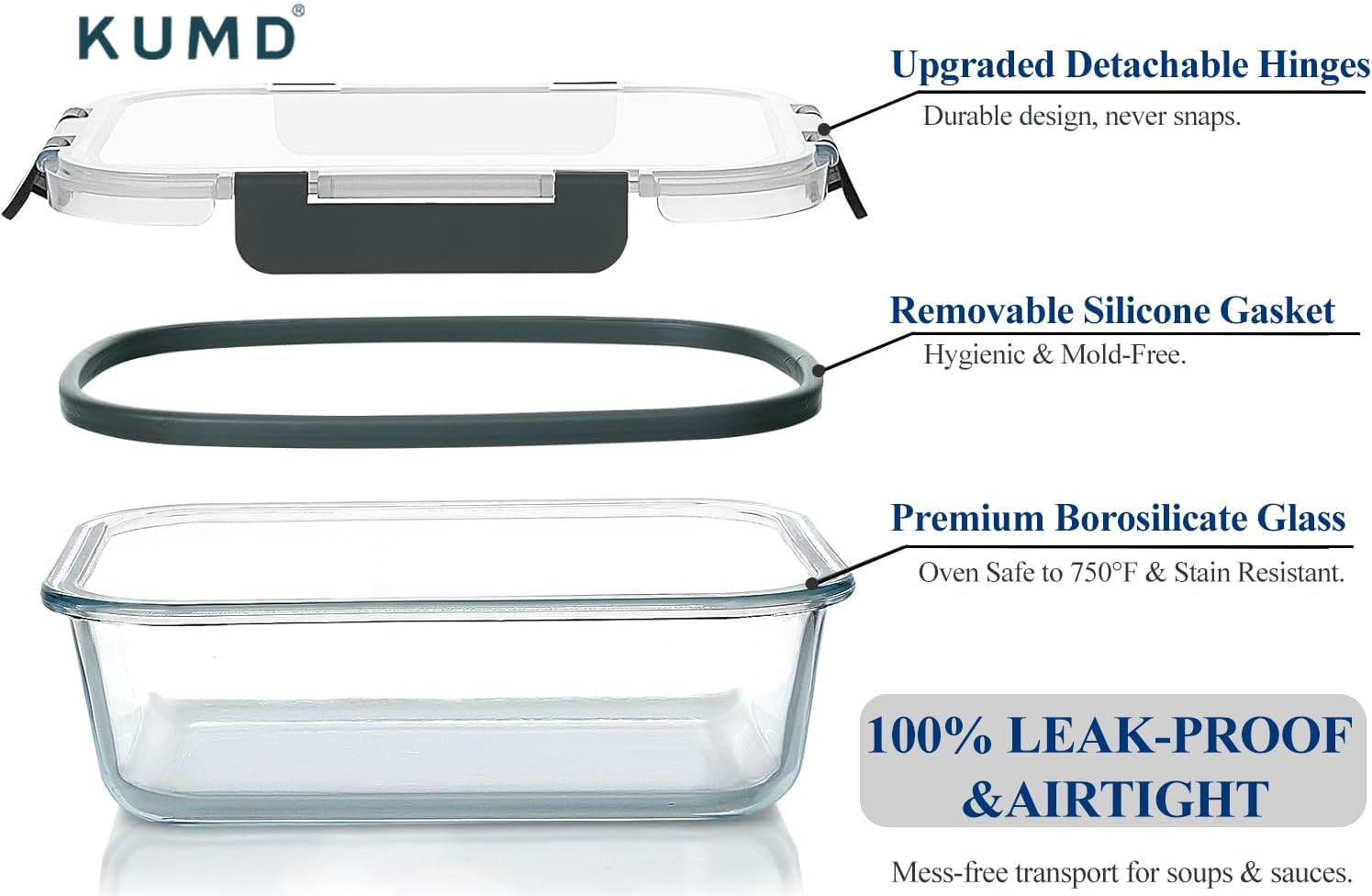 KUMD 20-Piece Set (10-Pack) Borosilicate Glass Meal Prep Containers with Upgraded Detachable Locking Lids - 5 Large (1040ml) & 5 Small (370ml) Lunch Boxes, Microwave/Oven/Freezer Safe - Image 4