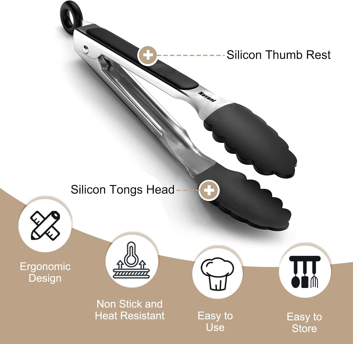 Navani Kitchen Tongs | 9 & 12 Inch Silicone Tip Tongs | Non Stick for Air Fryer & Salad/Pasta, Black 2pcs - Image 3