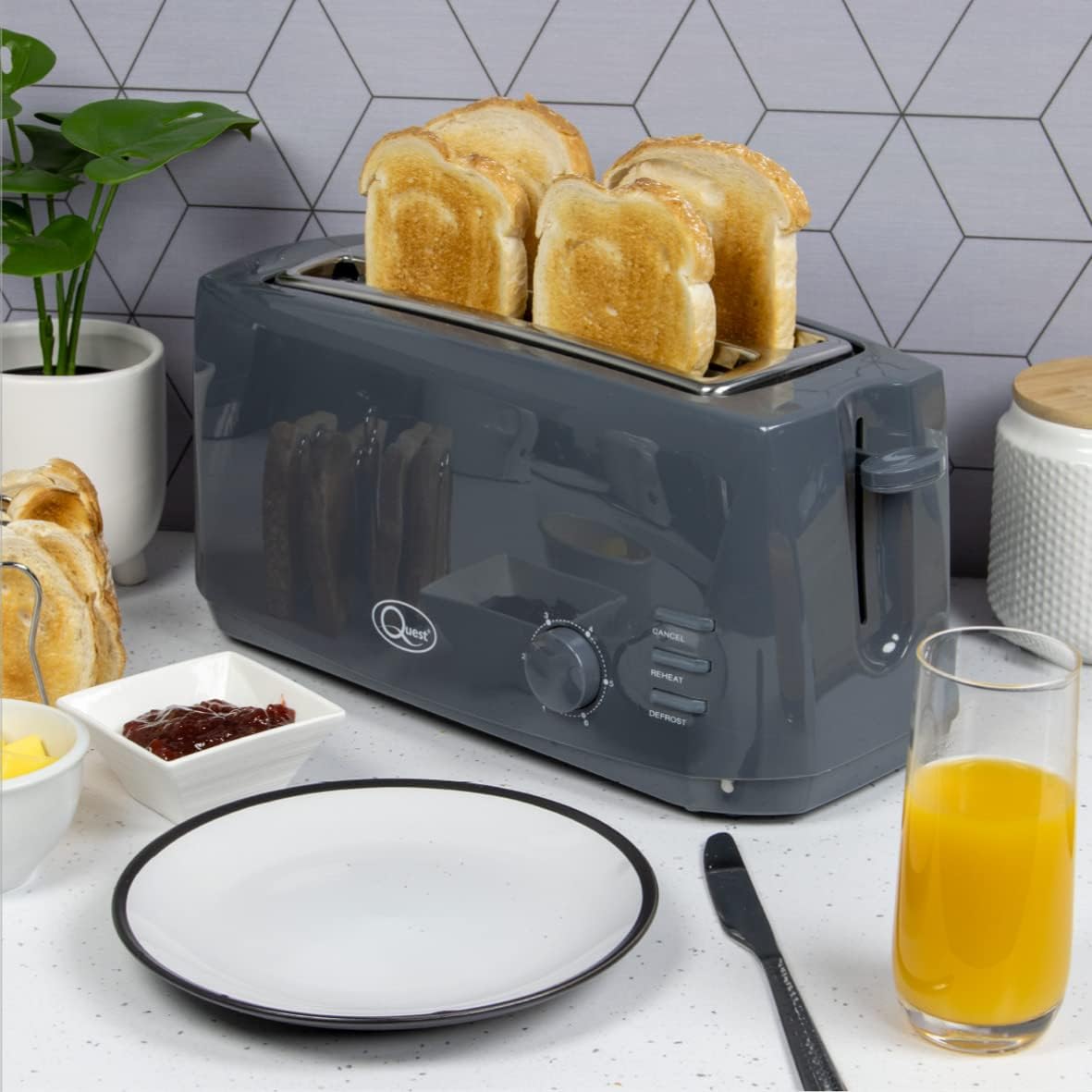 Quest 4 Slice Toaster Grey - Extra Wide Long Slots for Crumpets and Bagels - 6 Settings - Reheat and Defrost - Image 6