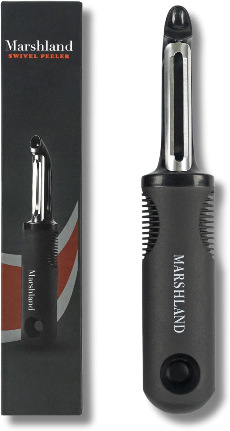 Marshland Premium I-Shape Swivel Vegetable & Fruit Peeler - Non-Slippery Stainless Steel - Durable & Dishwasher Safe Potato Peeler for Kitchen, Strong Grip Skin Peeler (Black)