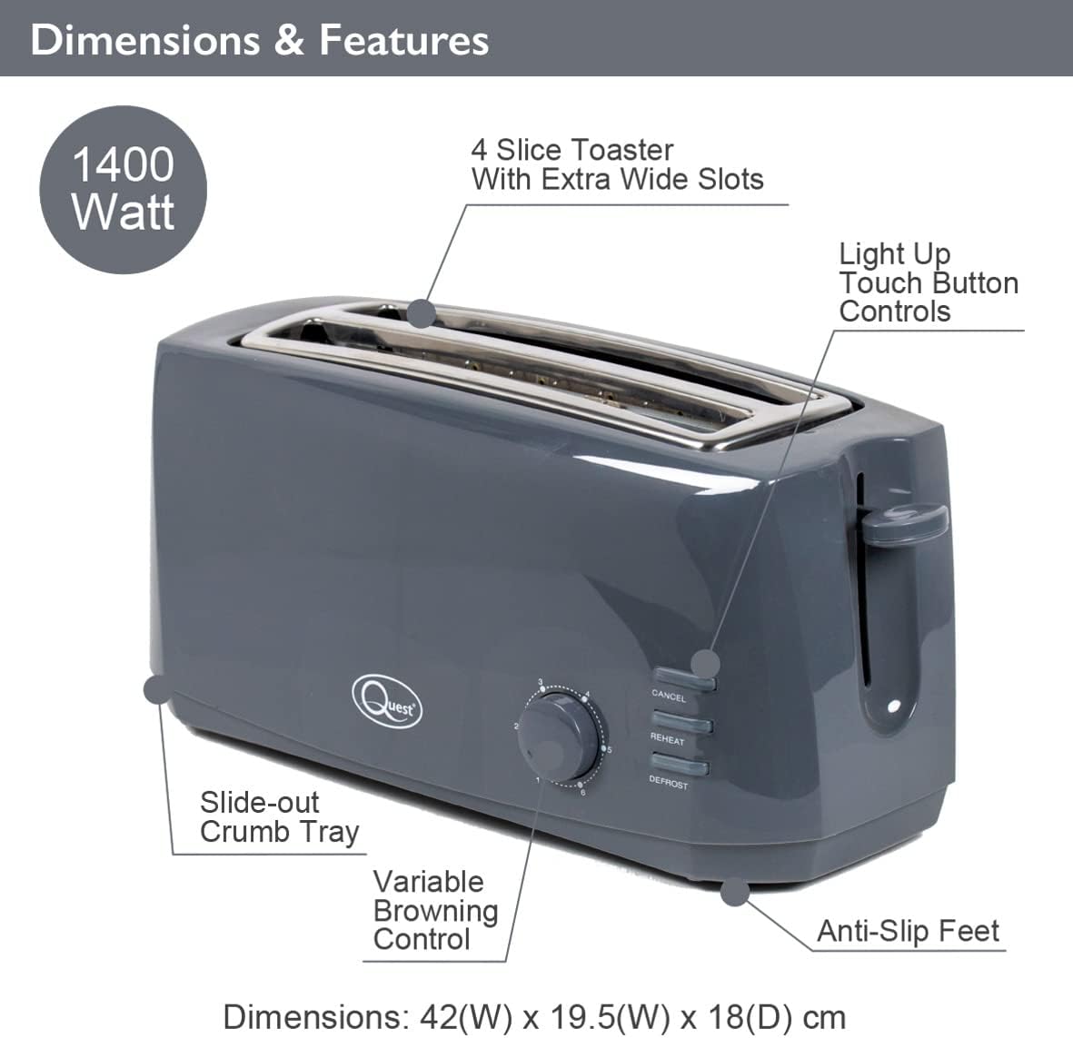 Quest 4 Slice Toaster Grey - Extra Wide Long Slots for Crumpets and Bagels - 6 Settings - Reheat and Defrost - Image 3